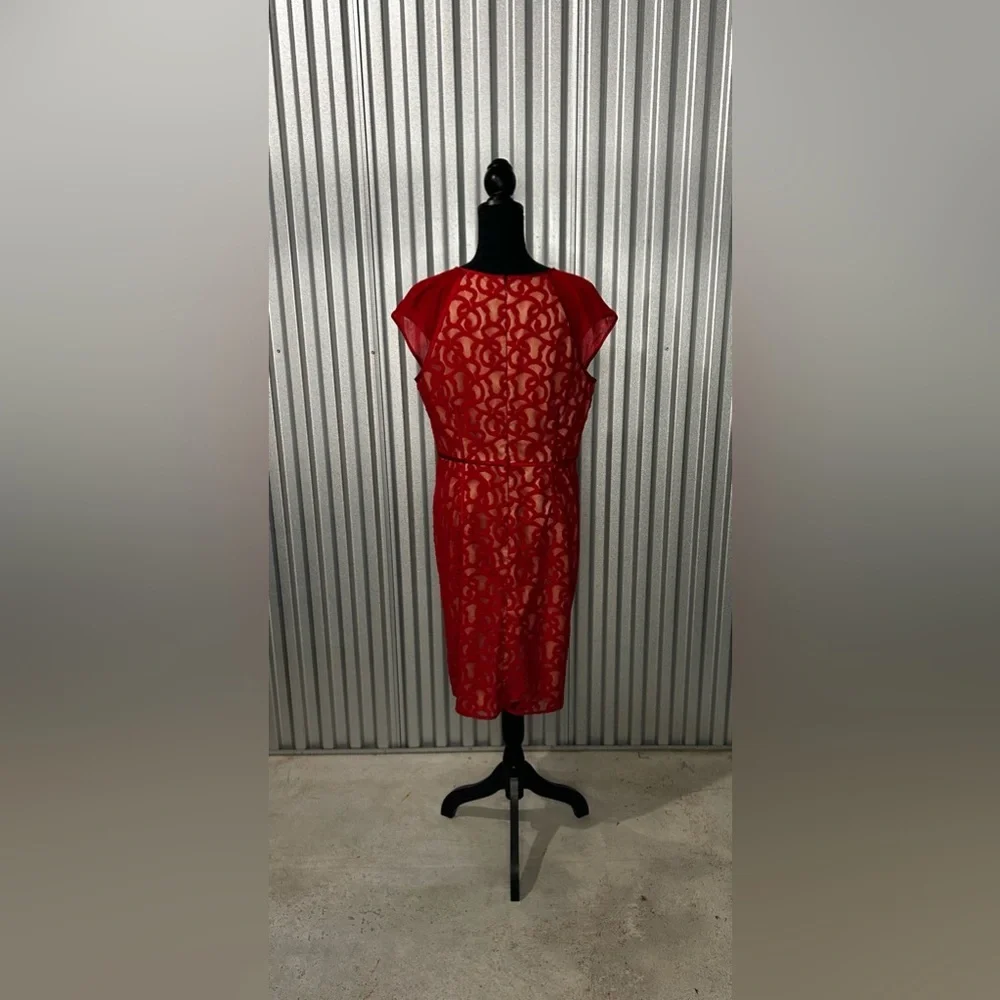 Womens Adrianna Papell Red Nylon Geometric Designer Cap Sleeve Midi Dress 14 - Picture 2 of 6